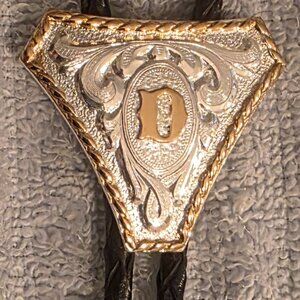 Vintage Metal Bolo Tie, Nice Brass and Silver, Initial D, Letter D, Nice Western